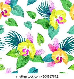 seamless vector pattern with amazing orchids illustrations. Classic yellow orchids with tropical flowers and leaves, very fresh colors, happy floral design.