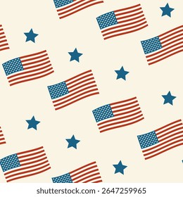 Seamless vector pattern with American flags and stars. Perfect for 4th of July, Independence Day, textile, wrapping, and patriotic designs. Modern, minimal, red white and blue.

