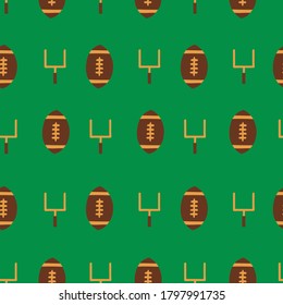 Seamless Vector Pattern American Football Sports Equipment. Repeating Background With Goal Posts And Footballs. For Fabric, Packaging, Super Bowl Party Invitation, Flyer