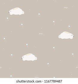 Seamless vector pattern with amusing sleeping rabbits on background with flowers and words "sleep". Cute children illustration in vector.
