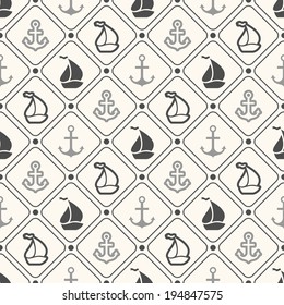 Seamless vector pattern of anchor, sailboat shape in frame and polka dot. Endless texture for printing onto fabric, web background or invitation. Abstract retro nautical style. White and black colors