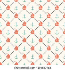 Seamless vector pattern of anchor, sailboat shape and line. Endless texture for printing onto fabric, web page background and paper or invitation. Abstract retro nautical style. Red and blue colors