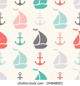 Seamless vector pattern of anchor and sailboat shape. Endless texture for printing onto fabric, web page background or invitation. Abstract retro nautical style. White, black, red, green, grey colors