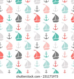 Seamless vector pattern of anchor and sailboat shape. Endless texture for printing onto fabric, web page background or invitation. Abstract retro nautical style. White, black, red, green, grey colors