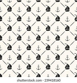 Seamless vector pattern of anchor, sailboat shape and line. Endless texture for printing onto fabric, web page background and paper or invitation. Abstract retro nautical style. White and black colors