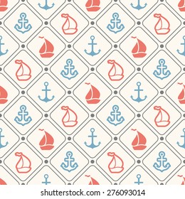 Seamless vector pattern of anchor, sailboat shape and line. Endless texture for printing onto fabric, web page background and paper or invitation. Abstract retro nautical style. Red and blue colors