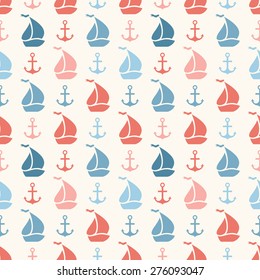 Seamless vector pattern of anchor, sailboat shape and line. Endless texture for printing onto fabric, web page background and paper or invitation. Abstract retro nautical style. Red and blue colors