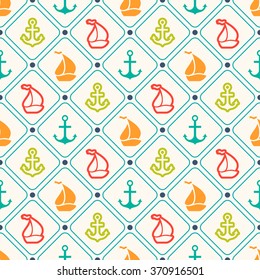 Seamless vector pattern of anchor, sailboat shape and line. Endless texture for printing onto fabric, web page background and paper or invitation. Abstract retro nautical style. Retro colors