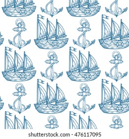 Seamless vector pattern of anchor and sailboat hand drawn illustration. Endless texture for printing to fabric, web page background or invitation. Abstract retro nautical style. White, blue colors.