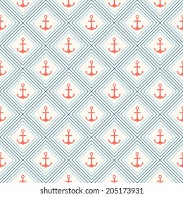Seamless vector pattern of anchor shape and line. Endless texture for printing onto fabric, web page background and paper or invitation. Abstract retro nautical style. White, red and blue colors.
