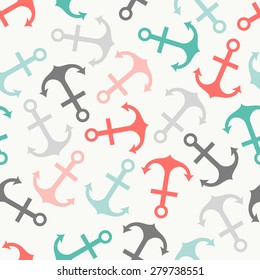 Seamless vector pattern of anchor shape and line. Endless texture for printing onto fabric, web page background and paper or invitation. Abstract retro nautical style. White, red and blue colors.