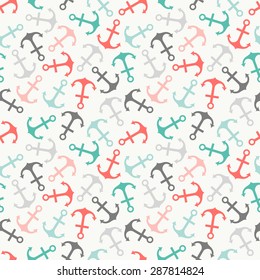 Seamless vector pattern of anchor shape and line. Endless texture for printing onto fabric, web page background and paper or invitation. Abstract retro nautical style. White, red and blue colors.