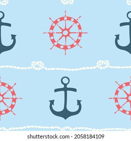 Seamless vector pattern with anchor and ship wheel on blue background. Simple marine wallpaper design. Decorative nautical fashion textile.
