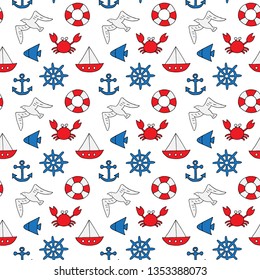 Seamless vector pattern with anchor, steering wheel, lifebuoy, boat, fish and crab. Aquatic (marine, nautical) pattern for wallpaper, background, textile, fabric, wrapping paper. Sketch art hand drawn