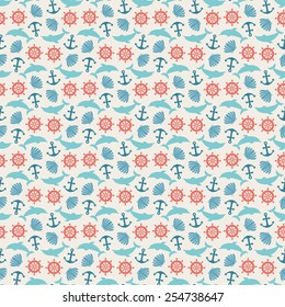 Seamless vector pattern of anchor, wheel, dolphin and seashell. Sea leisure sport 