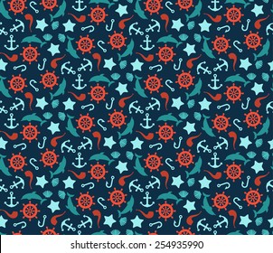 Seamless vector pattern of anchor, wheel, dolphins and stars. Sea leisure sport tiling.
