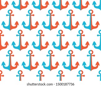 Seamless vector pattern with anchors In flat vector. Red and blue objects on a white background. Seamless pattern can be used for wallpaper, pattern fills, web page background, surface textures. 