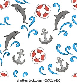 Seamless vector pattern. A pattern of anchors, life rings, and dolphins playing on the waves. The pattern is suitable for decoration of textiles and stationery.