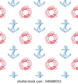 Seamless vector pattern with anchors and lifebuoys. Hand-drawn vector illustration.