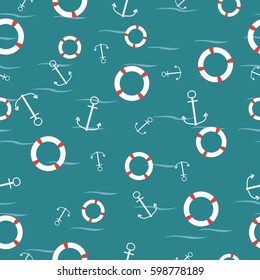 Seamless vector pattern with anchors and lifebuoys.  Illustration background.