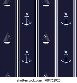 Seamless vector pattern with anchors and ocean boat.