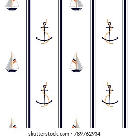 Seamless vector pattern with anchors and ocean boat. 