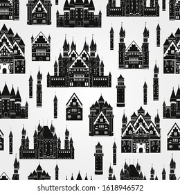 Seamless vector pattern with ancient castles in black and white on a light background.