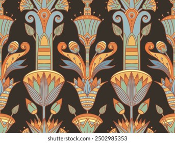 Seamless vector pattern of ancient Egyptian lotus flower. Repeating background. Retro hand drawn vector repeating illustration.