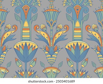 Seamless vector pattern of ancient Egyptian lotus flower. Repeating background. Retro hand drawn vector repeating illustration.