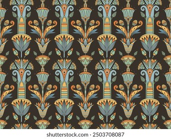 Seamless vector pattern of ancient Egyptian lotus flower. Repeating background. Retro hand drawn vector repeating illustration.