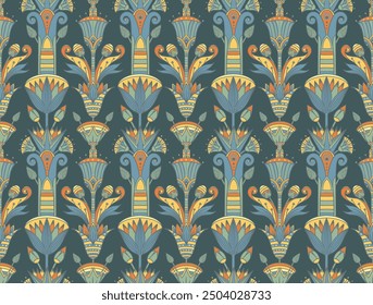 Seamless vector pattern of ancient Egyptian lotus flower. Repeating background. Retro hand drawn vector repeating illustration.