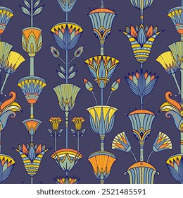 Seamless vector pattern of ancient Egyptian lotus flower. Repeating background. Retro hand drawn vector repeating illustration