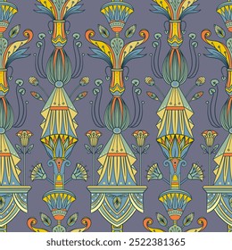 Seamless vector pattern of ancient Egyptian lotus flower. Repeating background. Retro hand drawn vector repeating illustration