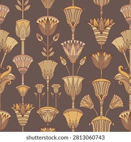 Seamless vector pattern of an ancient Egyptian lotus flower. Hand-drawn retro design in earthy tones, inspired by Egyptology and traditional ornamental motifs.