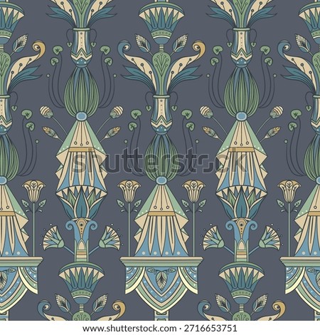 Seamless vector pattern of an ancient Egyptian lotus flower. Hand-drawn retro design in earthy tones, inspired by Egyptology and traditional ornamental motifs. Perfect for textiles, wallpaper, and decor.
