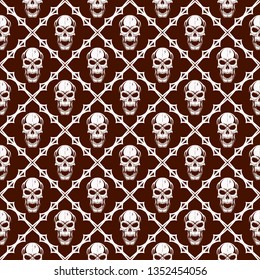 Seamless vector pattern in ancient European style. Dead head. Skull of the monster. Religious symbol. Graceful old lattice. Endless texture for textile design. Vector color background.