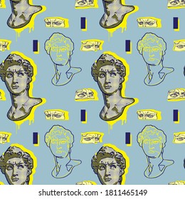 Seamless vector pattern with ancient greek statue of David in pop art style for fashion prints.