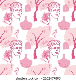 Seamless Vector pattern with ancient Greek gods for valentine's day.In love,festive,pink,repeating hand painted print. Designs for textile, fabric, wrapping paper, packaging, scrapbook paper