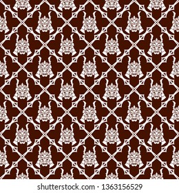 Seamless vector pattern in ancient Japanese style. Helmet and Samurai's mask. Graceful lattice. Head of the demon. Endless texture for textile design. Vector color background.