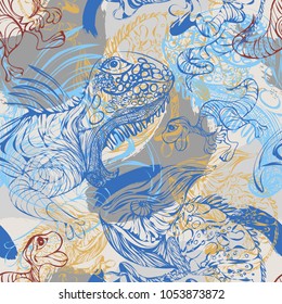 Seamless vector pattern with ancient and real animals reptiles and birds whistle