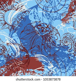 Seamless vector pattern with ancient and real animals reptiles and birds whistle
