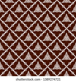 Seamless vector pattern from an ancient Scandinavian symbol. Endless texture for textile design. Sacred of Vikings. Sacral sign. Norman culture. Trinity. Triskelion. Triskele. Valknut. Vector color.