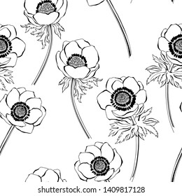 Seamless vector pattern with anemone flowers. Black and white floral background.
