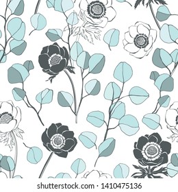 Seamless vector pattern with anemone flowers and eucalyptus branches on white background. Floral background.
