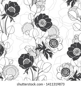 Seamless vector pattern with anemone flowers and eucalyptus branches on white background. Monochrome floral background.