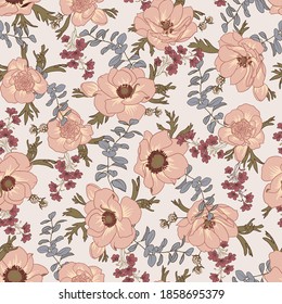 Seamless vector pattern with anemones and branches