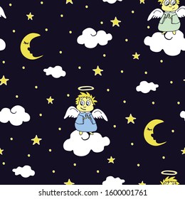 Seamless vector pattern with angels, moon and stars on dark blue background. Angel praying wallpaper design for children. Cartoon style haven.