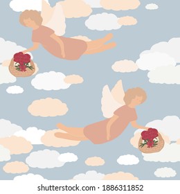 Seamless vector pattern with angels and rose bouquets. Cupid on the background of the sky and clouds. Valentine's Day. Suitable for holiday greeting, web, design, interior, fabric, greeting card, back