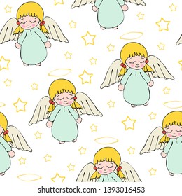 Seamless vector pattern with angels and stars on white background. Cute baby girl wallpaper design. 
