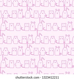 Seamless vector pattern with animal contours of cats, dogs, hares, bears and bears in pink tone for packaging, design, fabrics.
